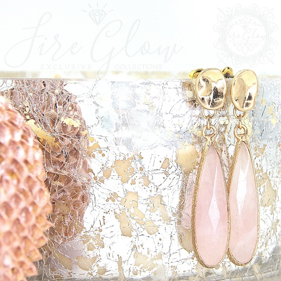 Long Teardrop Rose Quartz Earrings Hammered Metal - Picture 6 of 6